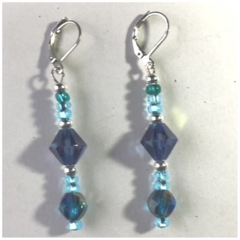Blue/Green Dangle  Beaded Crystal Earrings See Them Sparkle!!!😁 About 1 3/4"
